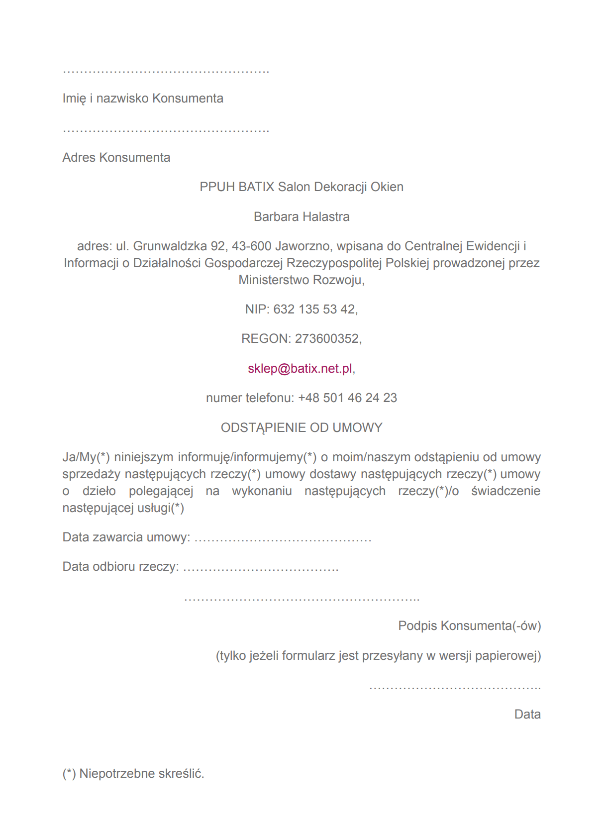 Formularz odstąpienia od umowy