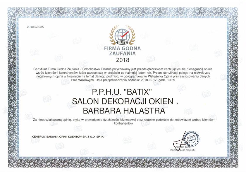 Certyfikat uzyskany przez sklep BATIX